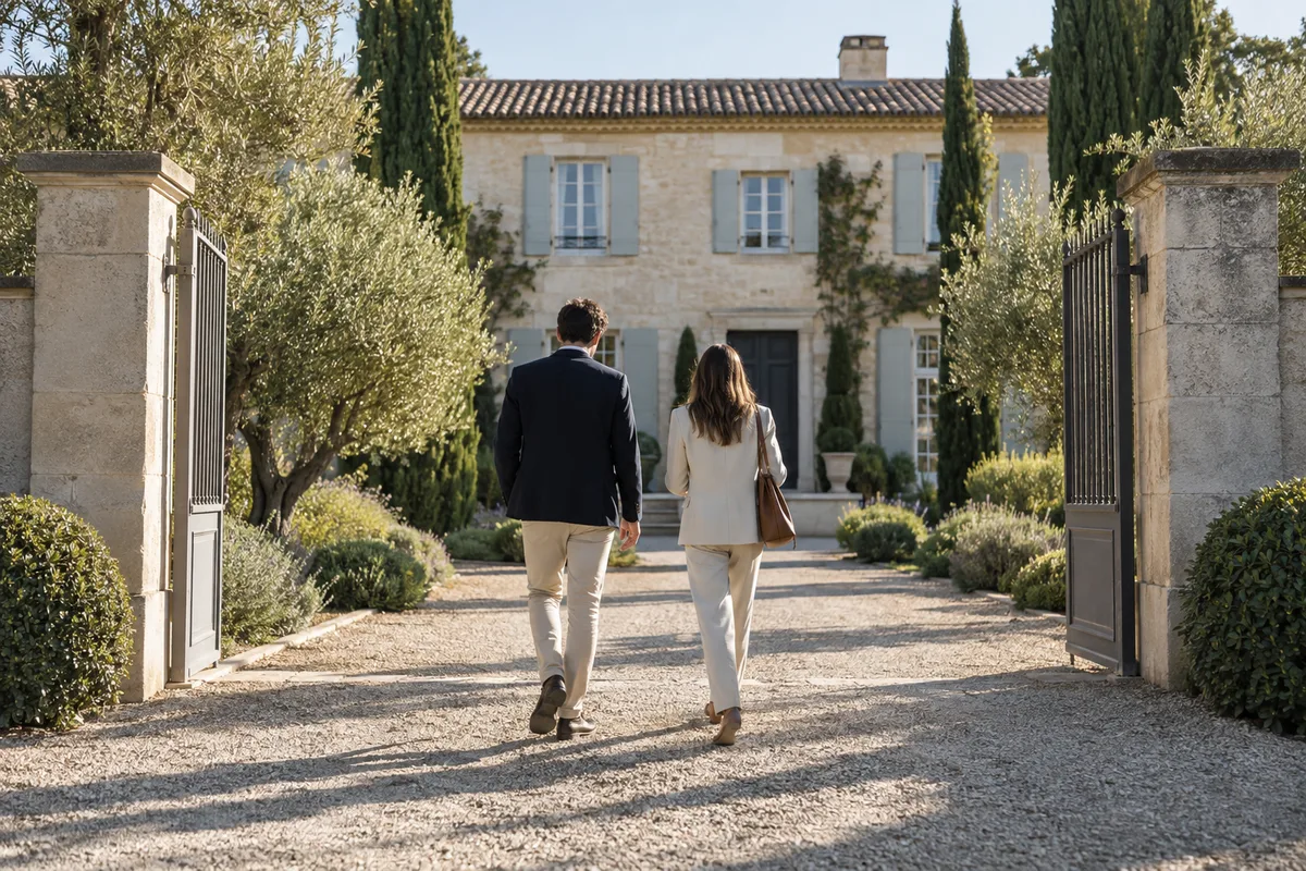 Deux personnes de dos marchant vers le portail ouvert d&rsquo;une villa aux volets clairs