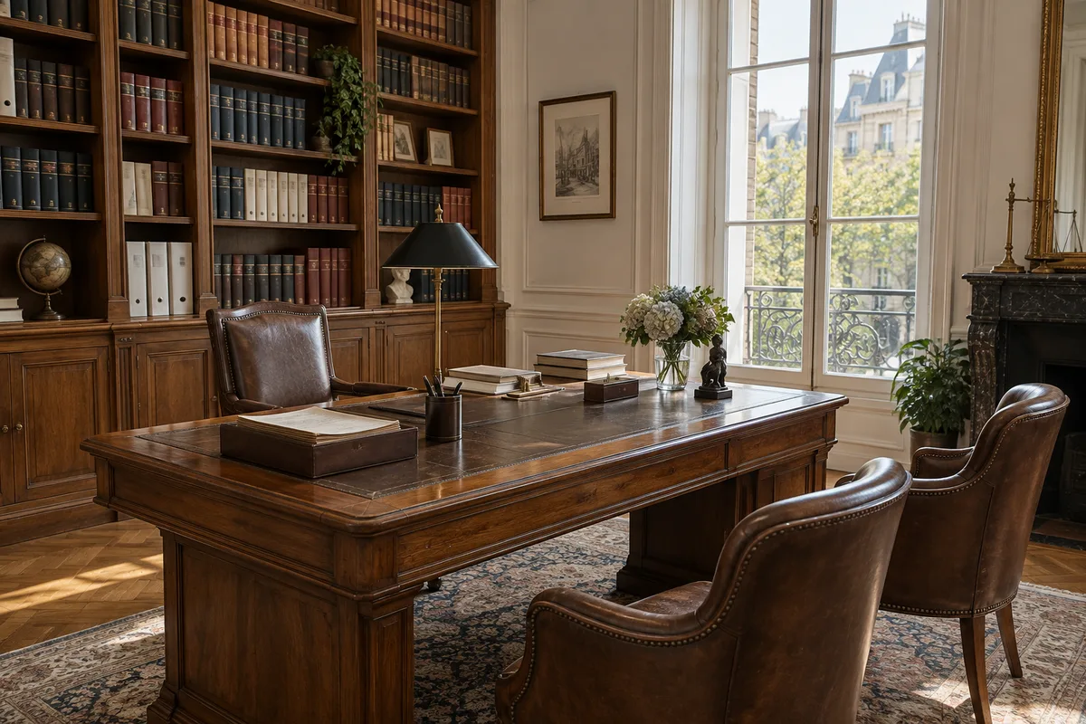 Bureau notarial vide avec table en bois, fauteuils et bibliothèque