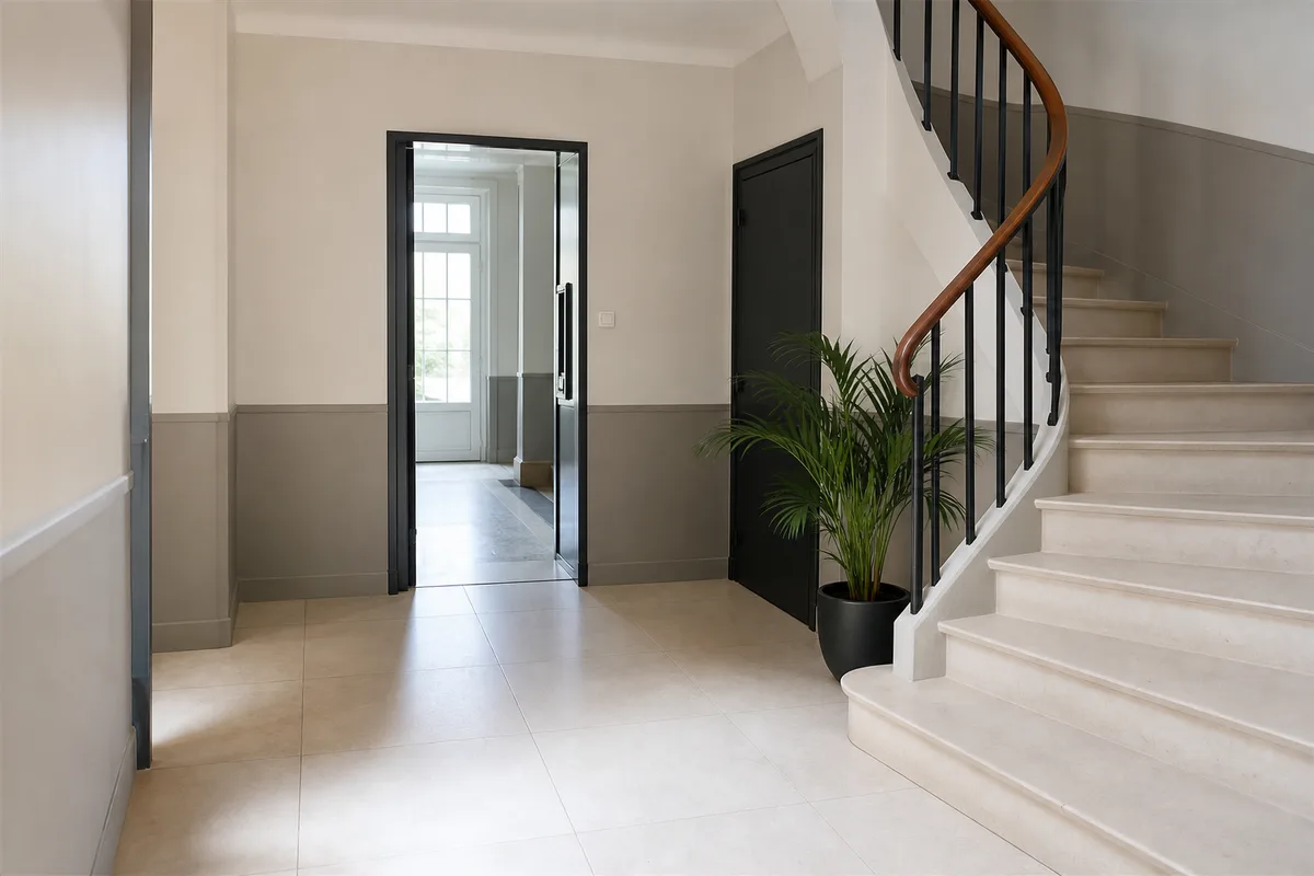 Hall d’entrée d’immeuble au sol carrelé, escalier en bois et plante verte