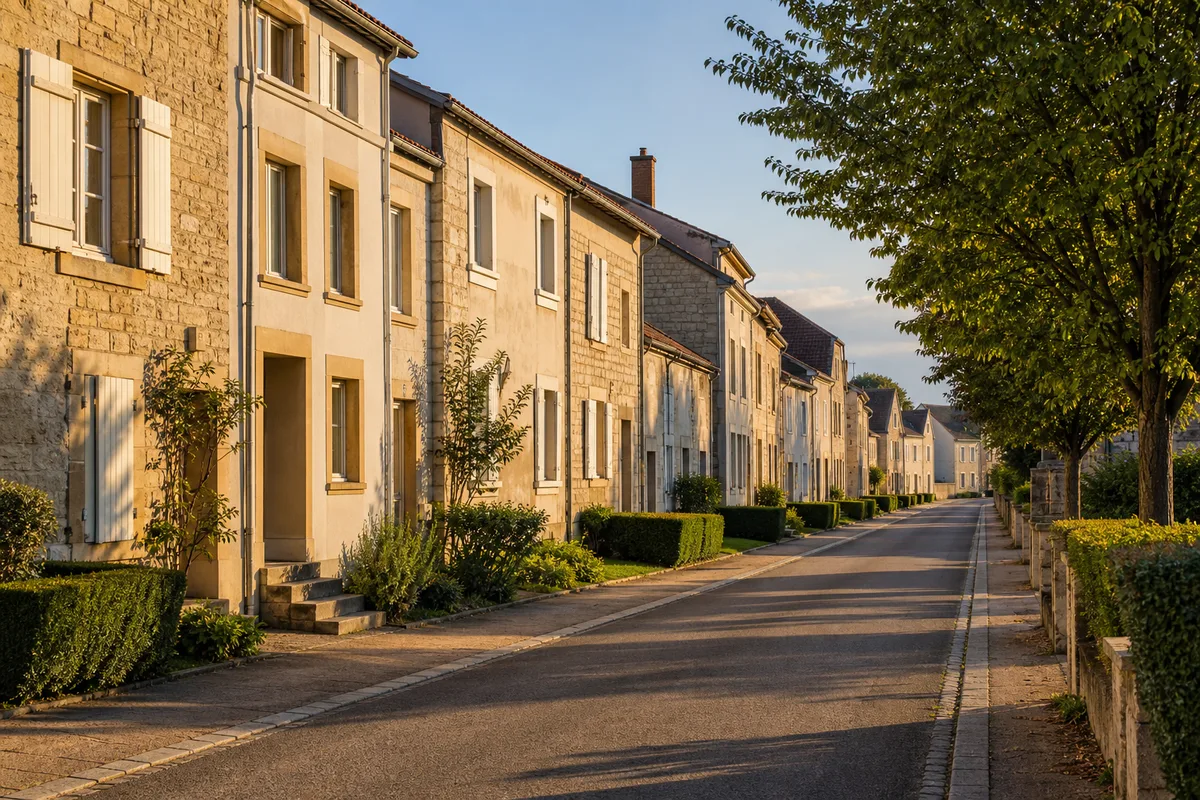 Rue résidentielle calme du nord mosellan en fin de journée, façades et haies