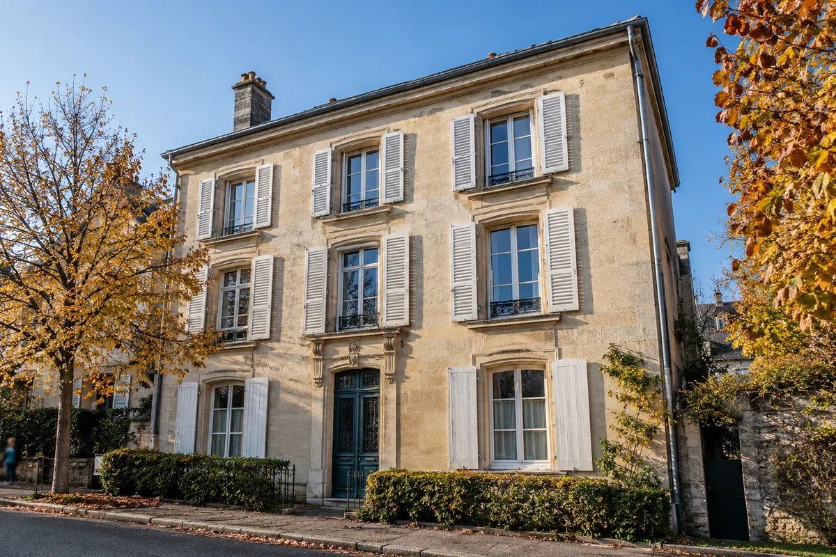 Façade d&rsquo;un petit immeuble résidentiel en pierre claire sous un ciel dégagé