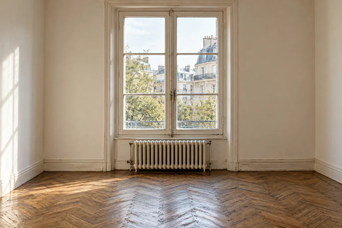 Fenêtre à double battant dans un séjour vide aux murs clairs et au parquet ancien