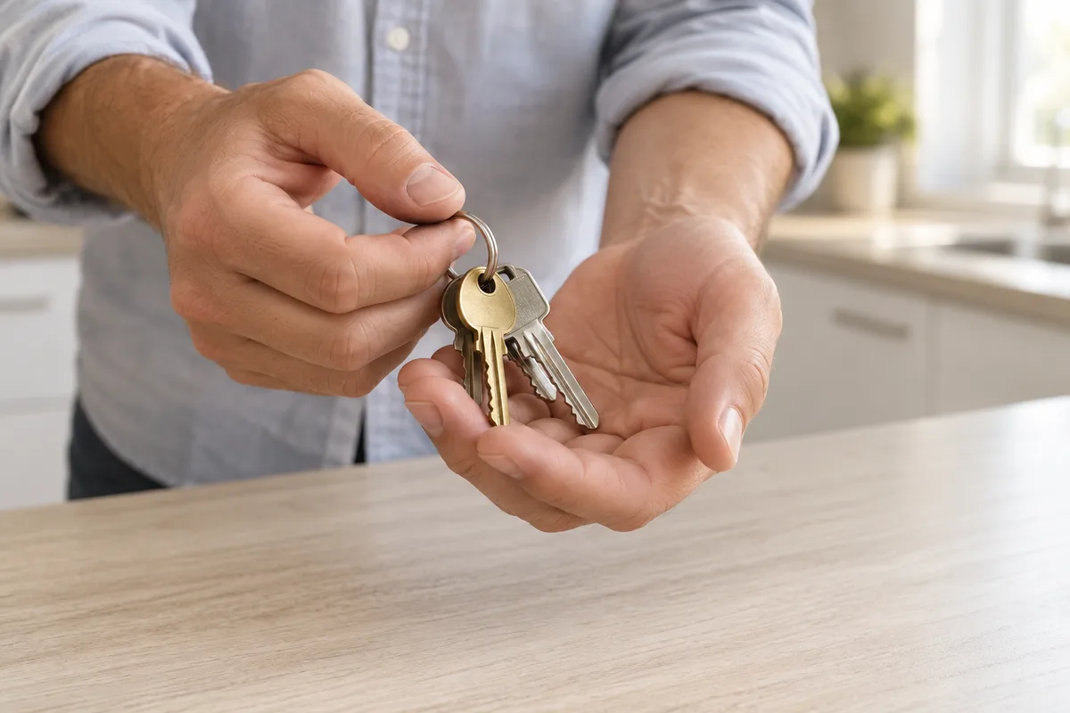 Mains tenant un trousseau de clés au-dessus d&rsquo;un plan de travail de cuisine vide