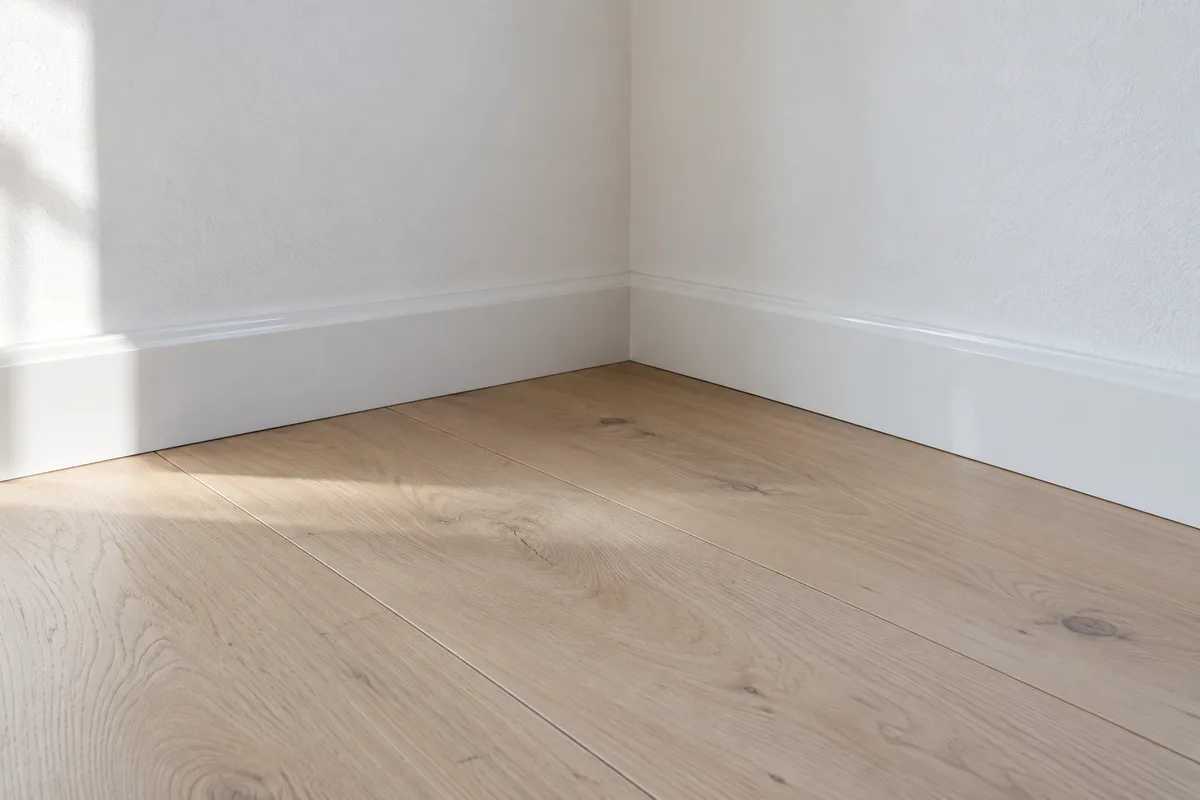 Angle de pièce vide avec plinthe blanche, mur mat et parquet clair en lumière rasante