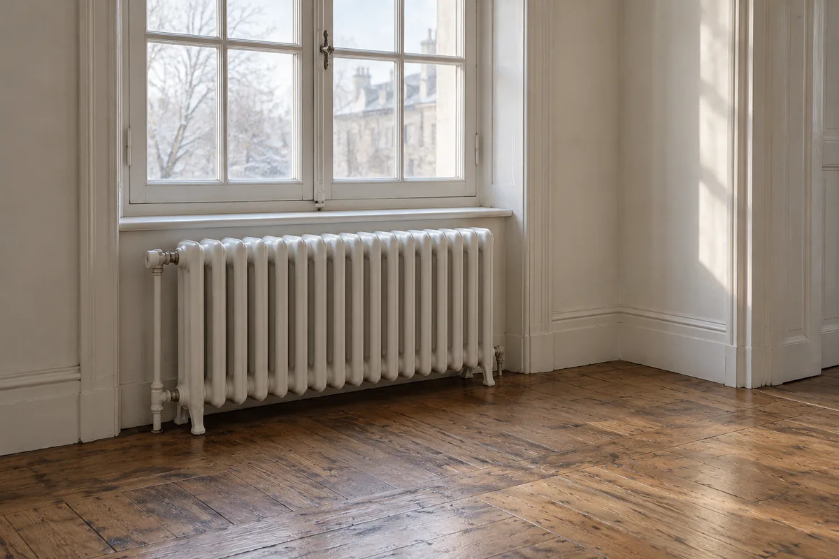Radiateur en fonte blanc sous une fenêtre à petits carreaux dans une pièce inoccupée