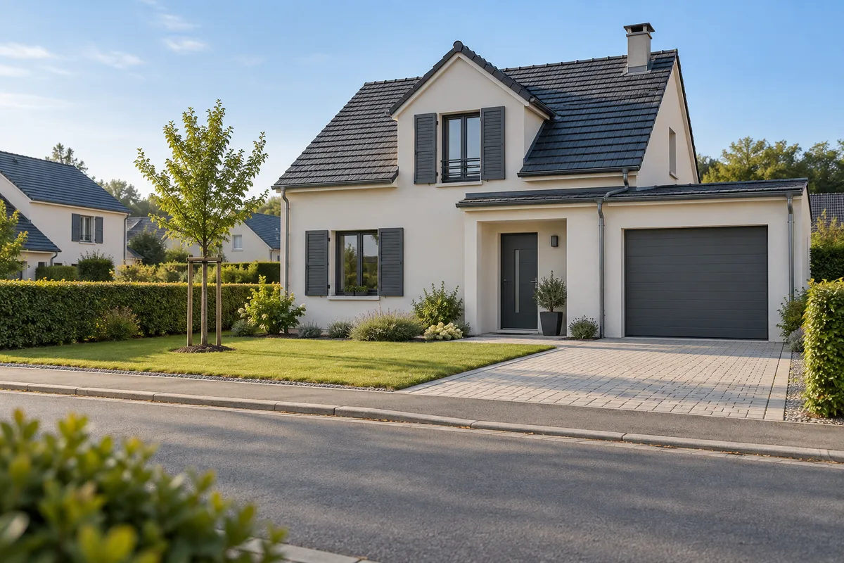 Pavillon récent aux volets gris avec garage et pelouse dans un lotissement calme