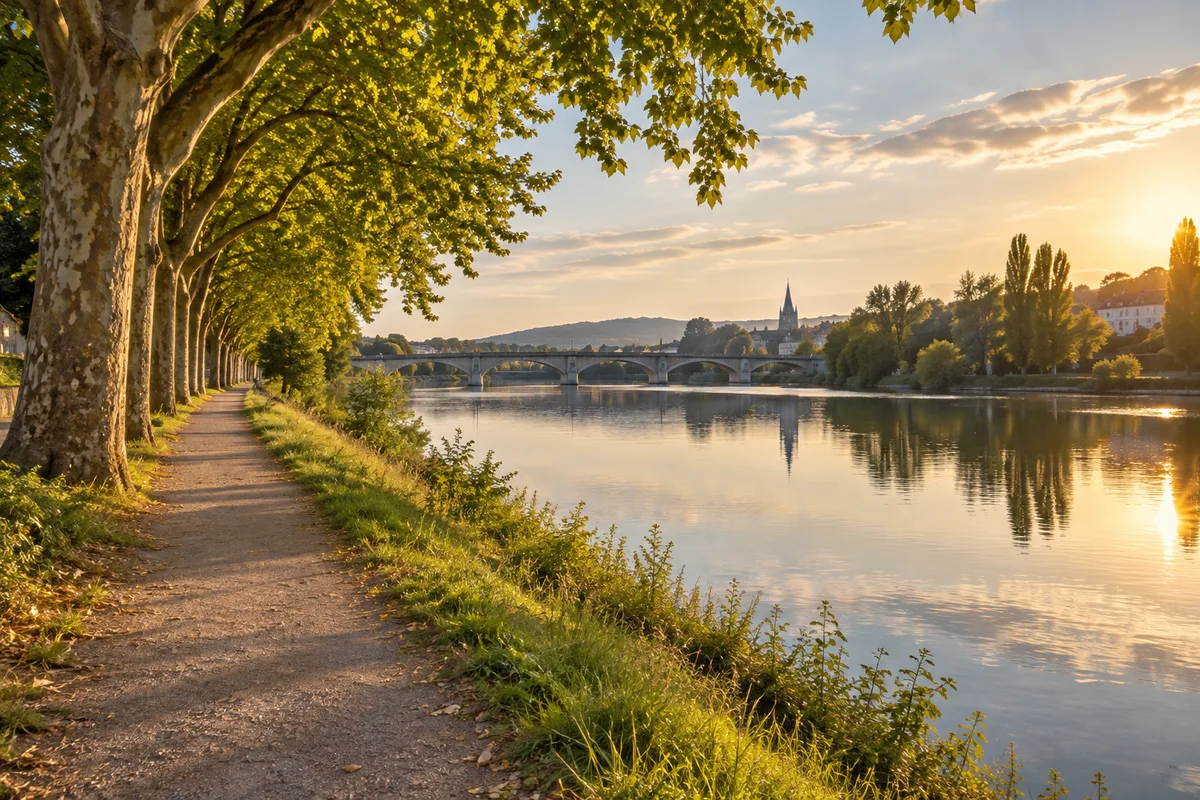 Bords de Moselle avec chemin de halage, arbres et pont au loin