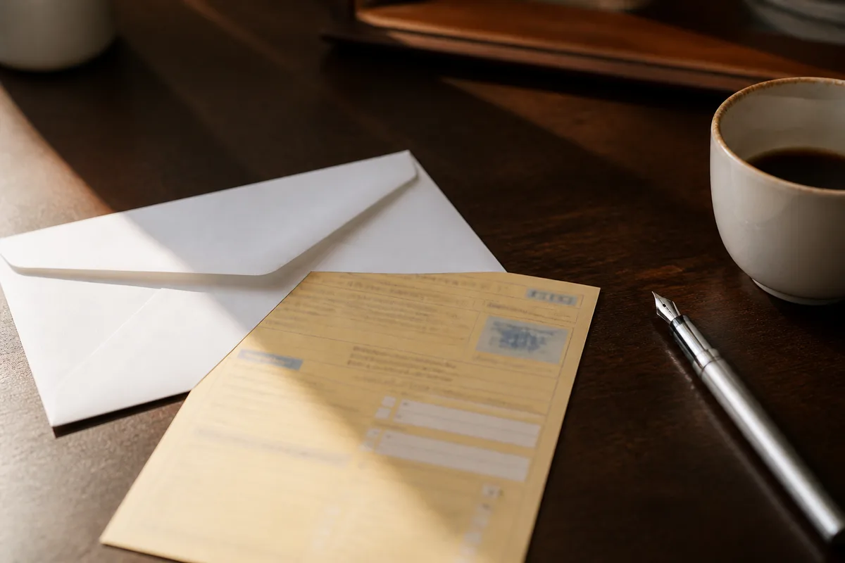 Lettre recommandée et accusé de réception posés sur un bureau, stylo à côté