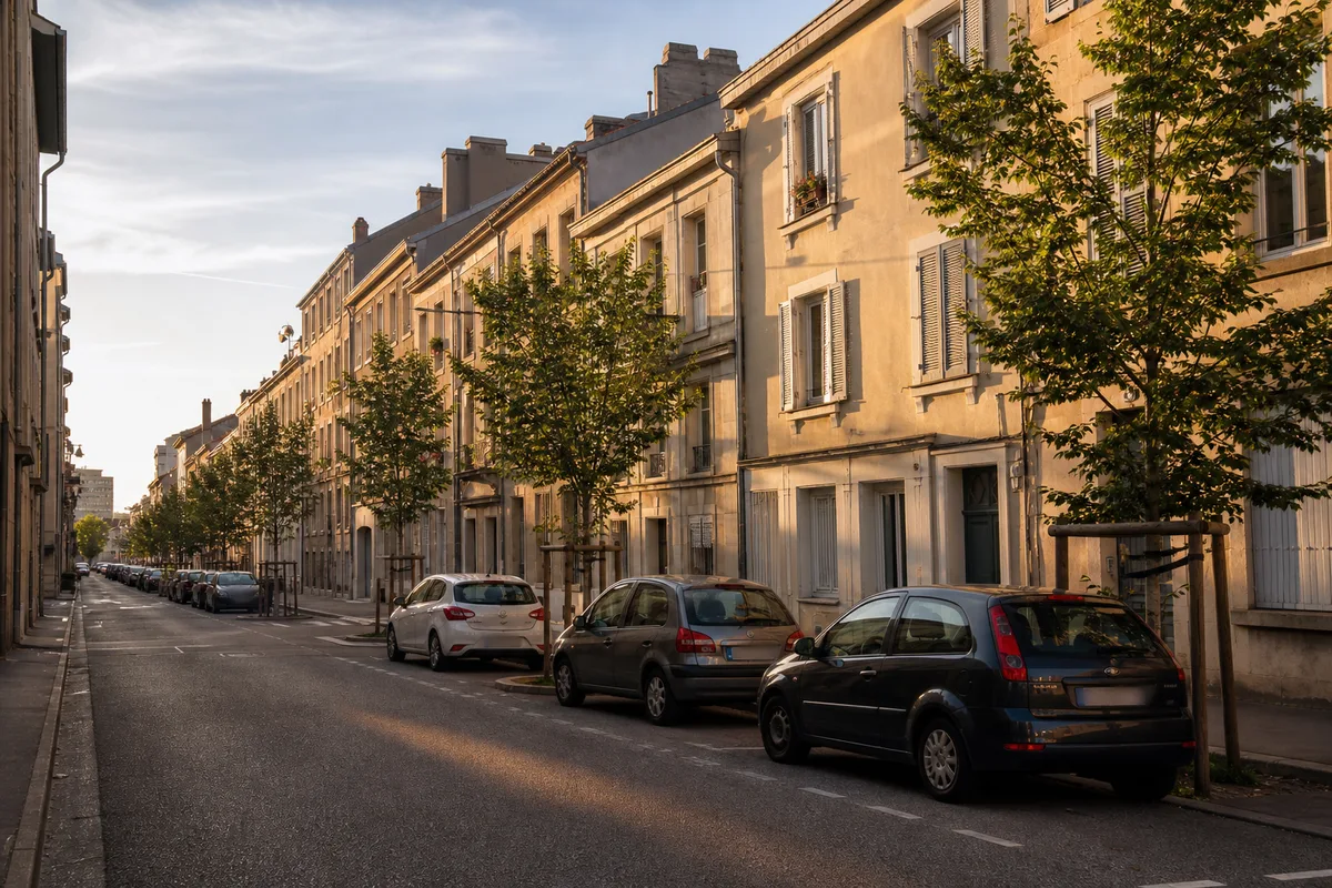 Rue résidentielle du nord mosellan avec immeubles bas et arbres alignés